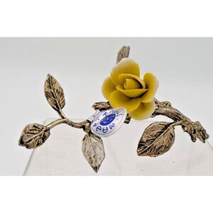 Vintage Capodimonte Porcelain yellow Rose w/ Silver plated Stem made in Italy